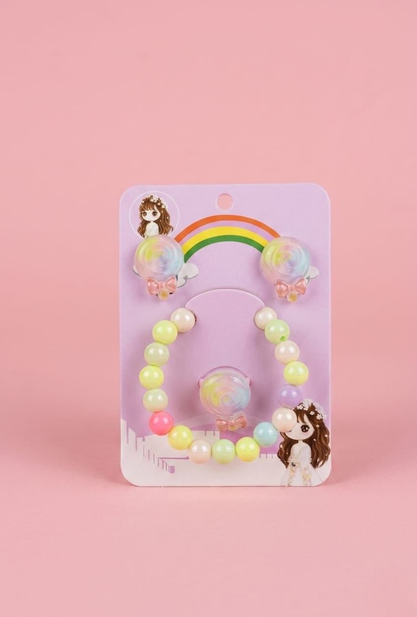 Cute Kids Rainbow / Frozen-Themed / Swan / Lollipop / Butterfly & Cartoon Character Charm Bracelet, Clip-On Earrings, Ring Set - Image 5