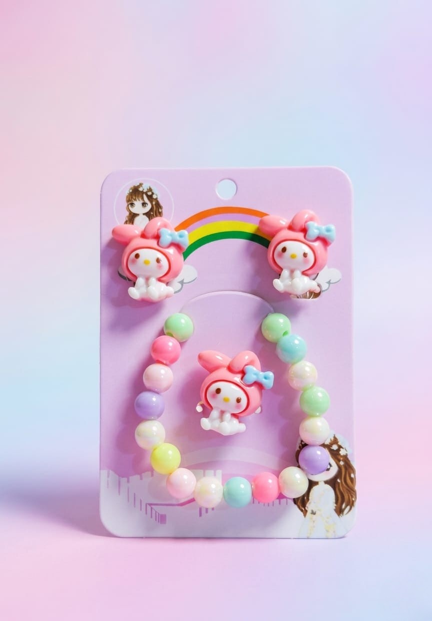 Cute Kids Rainbow / Frozen-Themed / Swan / Lollipop / Butterfly & Cartoon Character Charm Bracelet, Clip-On Earrings, Ring Set