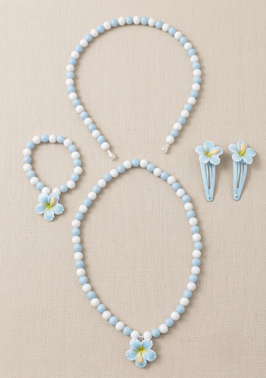 Kids Charming Blue / Pink / Purple Floral Beaded Necklace, Bracelet, Headband & Hair Clip Set - Image 3