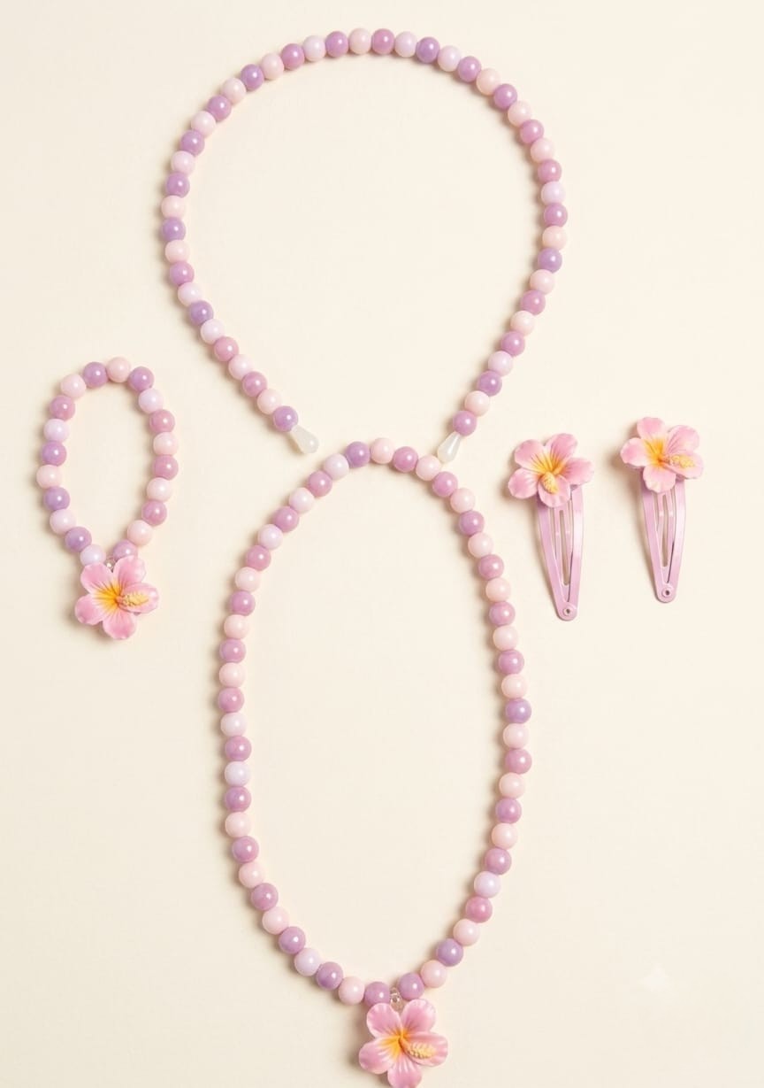 Kids Charming Blue / Pink / Purple Floral Beaded Necklace, Bracelet, Headband & Hair Clip Set - Image 2