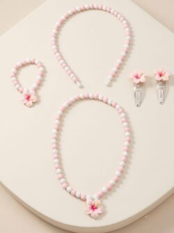 Kids Charming Blue / Pink / Purple Floral Beaded Necklace, Bracelet, Headband & Hair Clip Set