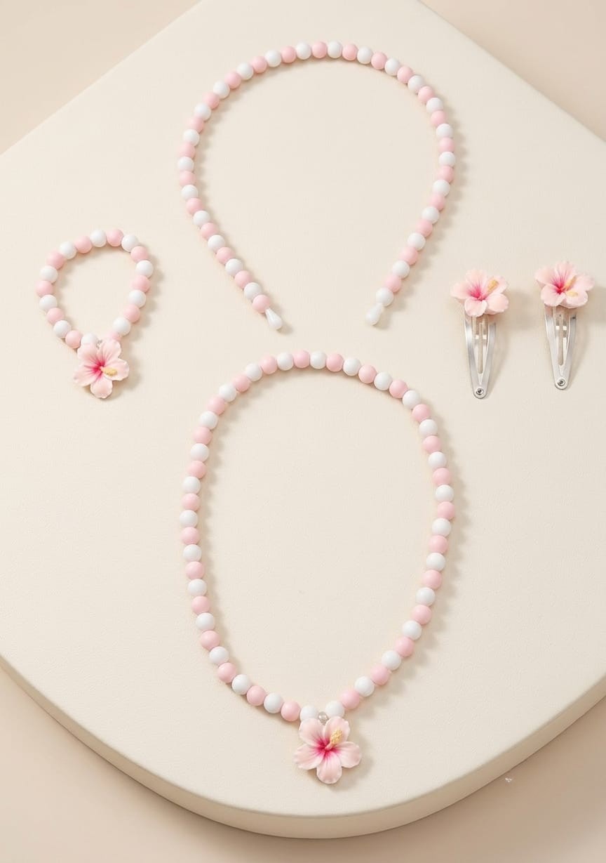 Kids Charming Blue / Pink / Purple Floral Beaded Necklace, Bracelet, Headband & Hair Clip Set