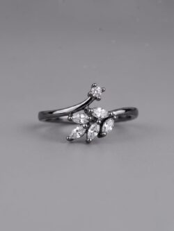 Elegant Gunmetal-Tone Leaf-Inspired Ring with Sparkling Marquise Crystals