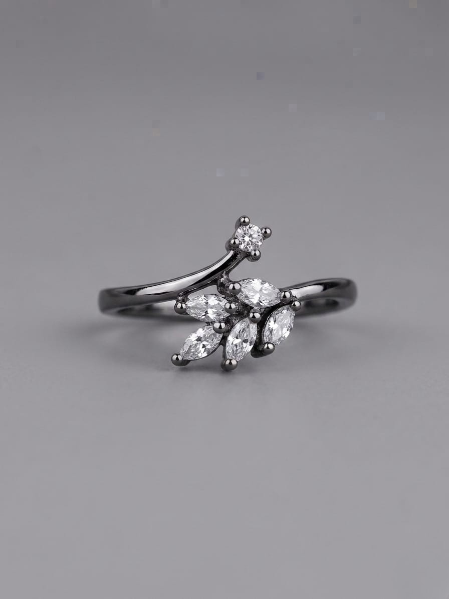 Elegant Gunmetal-Tone Leaf-Inspired Ring with Sparkling Marquise Crystals