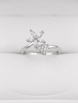 Elegant Silver-Tone Floral and Butterfly Crystal Ring