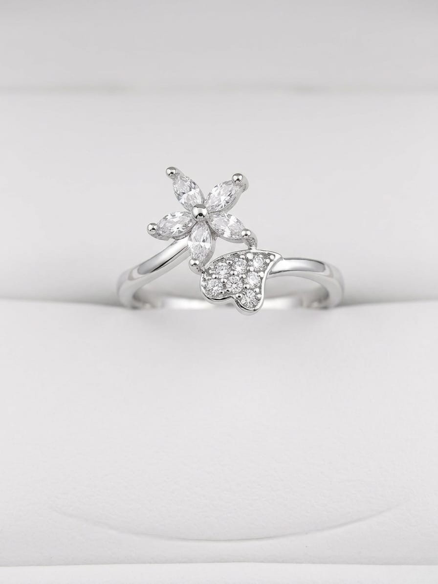 Elegant Silver-Tone Floral and Butterfly Crystal Ring