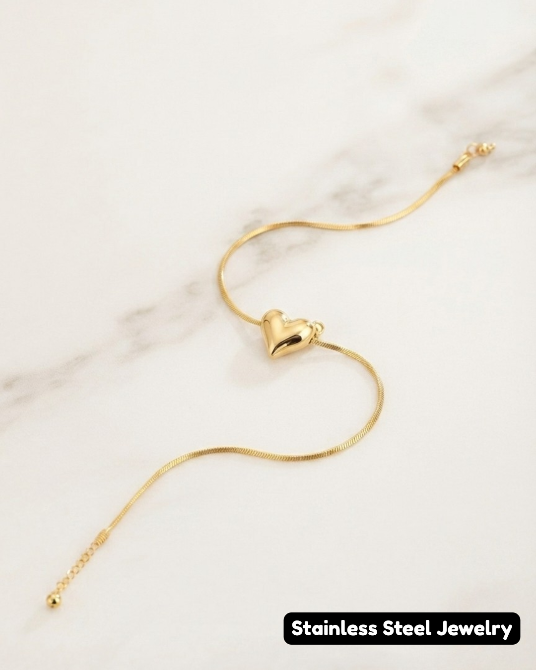 Gold-Tone Minimalist Heart Charm Snake Chain Bracelet