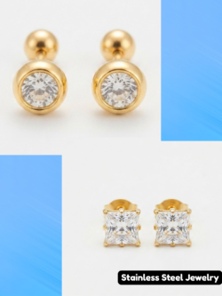 Elegant Gold-Tone CZ Stud Earrings - Minimalist Stainless Steel Duo