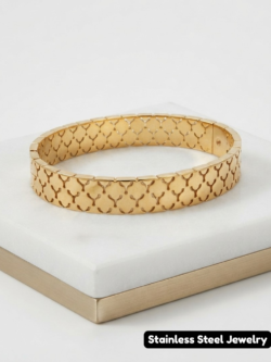 Gold-Tone Geometric Patterned Cuff Bracelet - Stainless Steel Bangle