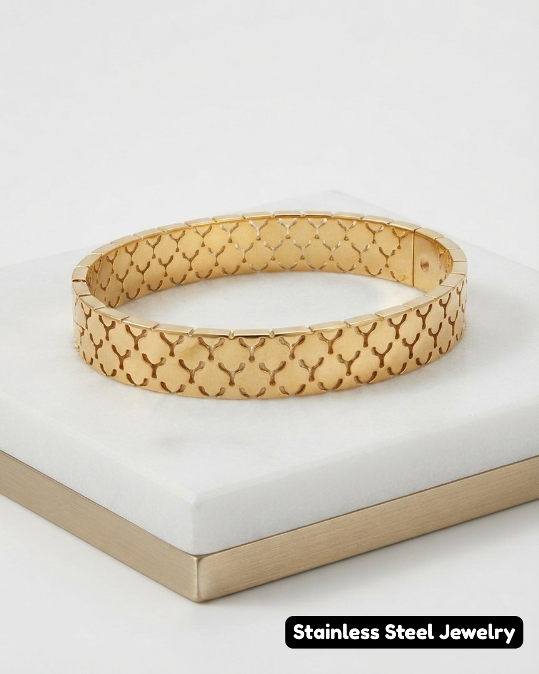 Gold-Tone Geometric Patterned Cuff Bracelet - Stainless Steel Bangle