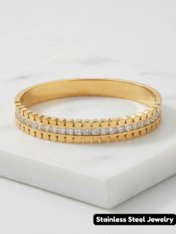 Gold-Tone Scalloped Crystal Bangle Bracelet – Elegant Stainless Steel Cuff