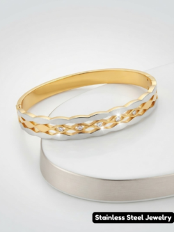 Two-Tone Lattice Crystal Cuff Bracelet – Elegant Stainless Steel Bangle