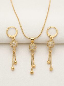 Delicate Gold-Tone Y-Lariat Necklace and Earring Set with Textured Beads & Chain Drops