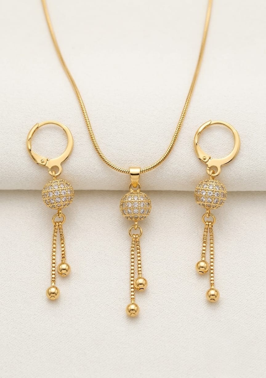 Delicate Gold-Tone Y-Lariat Necklace and Earring Set with Textured Beads & Chain Drops