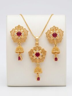 Traditional Red Stone Pendant & Jhumka Set with free Chain