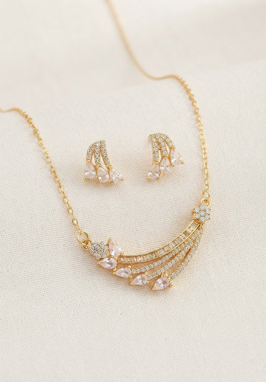 Gold-Tone Crystal Fan Pendant Necklace & Earring Set