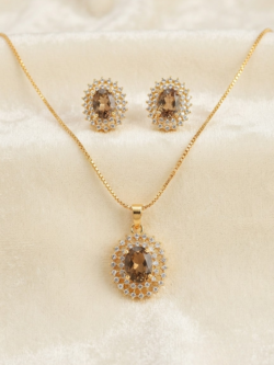 Elegant Oval Gemstone Halo Pendant Necklace & Earring Set