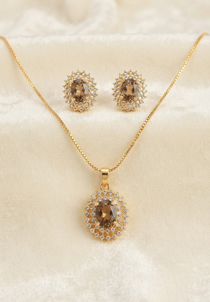 Elegant Oval Gemstone Halo Pendant Necklace & Earring Set