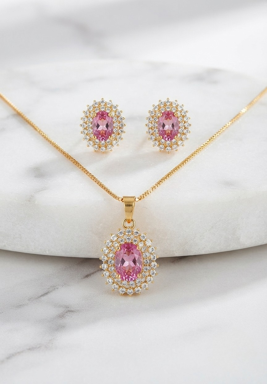 Elegant Oval Gemstone Halo Pendant Necklace & Earring Set - Image 2