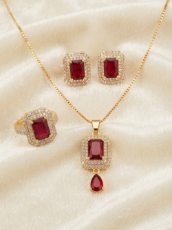 Elegant Gemstone Halo Pendant Necklace, Ring, and Earring Jewelry Set