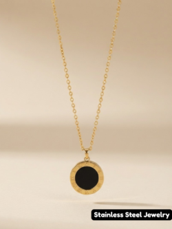 Gold-Tone Roman Numeral Pendant Necklace – Minimalist Stainless Steel Accessory