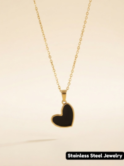Gold-Tone Black Heart Pendant Necklace – Minimalist Stainless Steel Accessory